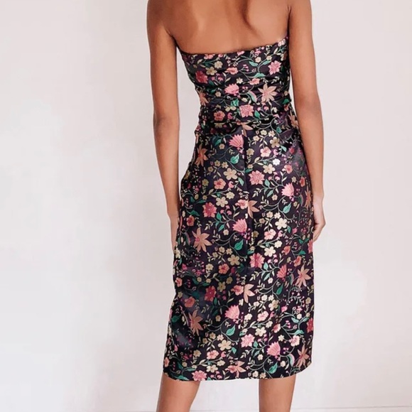 Black Satin Floral Jacquard Strapless Midi Dress - Picture 3 of 4